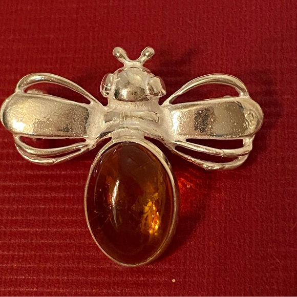 VINTAGE SIGNED CV BROOCH PIN STERLING SILVER AMBER STONE YELLOW ORANGE BEE - Picture 4 of 9